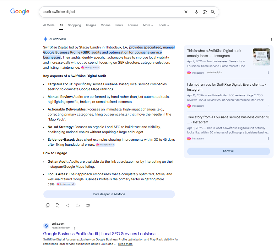 SwiftRise Digital srdla.com ranked on Google with AI Overview